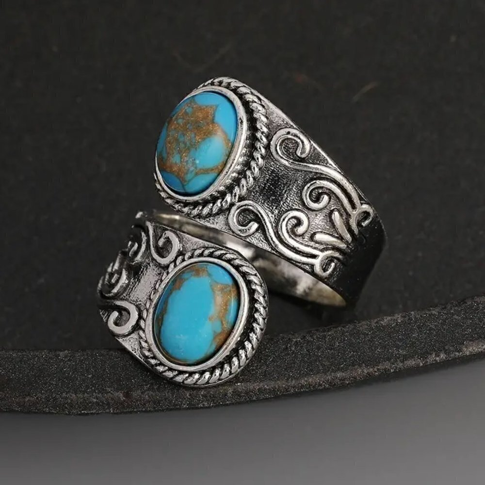 Boho Faux Turquoise Scroll Adjustable Spoon Ring #1312